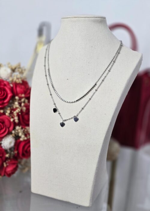 Collar Doble Corazón Plateado - 006