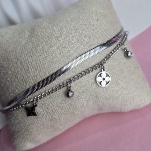 Pulsera doble flor plata 114